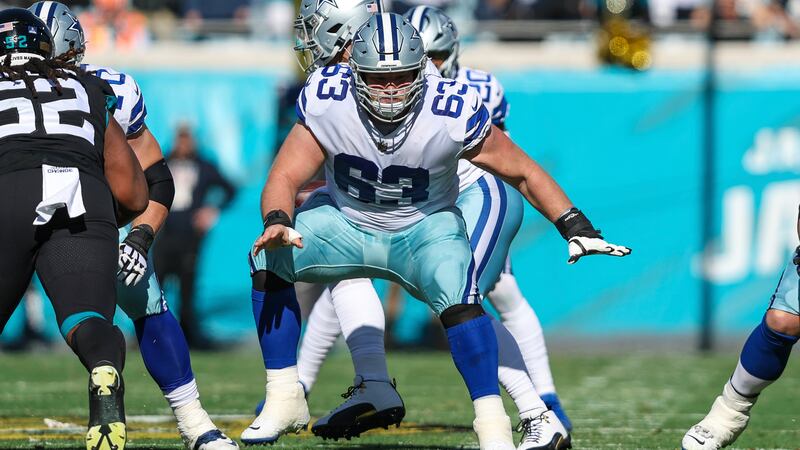 Dallas Cowboys center Tyler Biadasz (63) in action during an NFL football game against the...