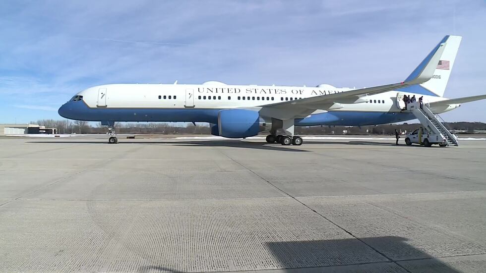 Air Force One lands at Truax Field, in Madison, Wis., on Feb., 8 2023.