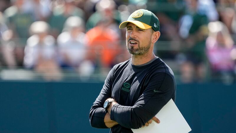 Green Bay Packers head coach Matt LaFleur watches during NFL football training camp Saturday,...