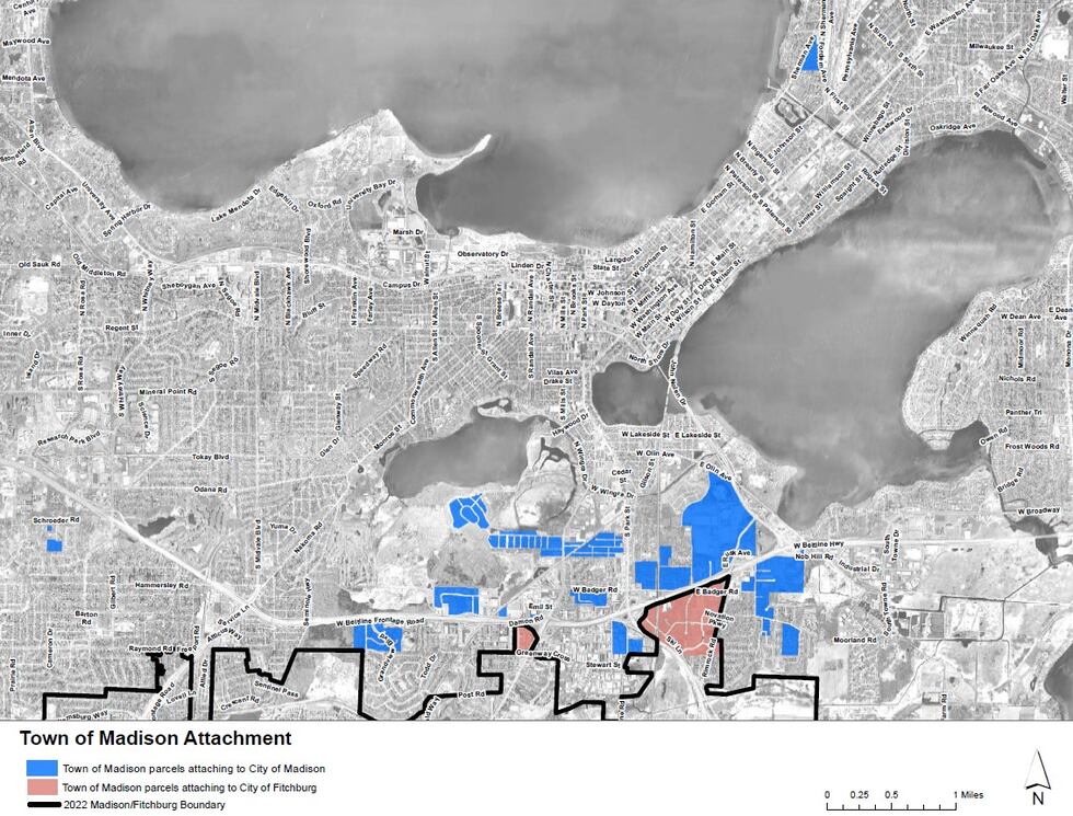 A map created by the city outlining which parcels of land are joining either Madison or...