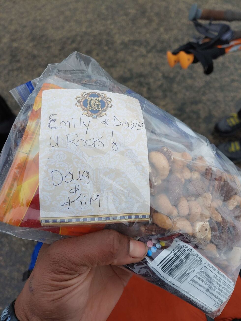 Snacks left at trailhead for Emily & Diggins