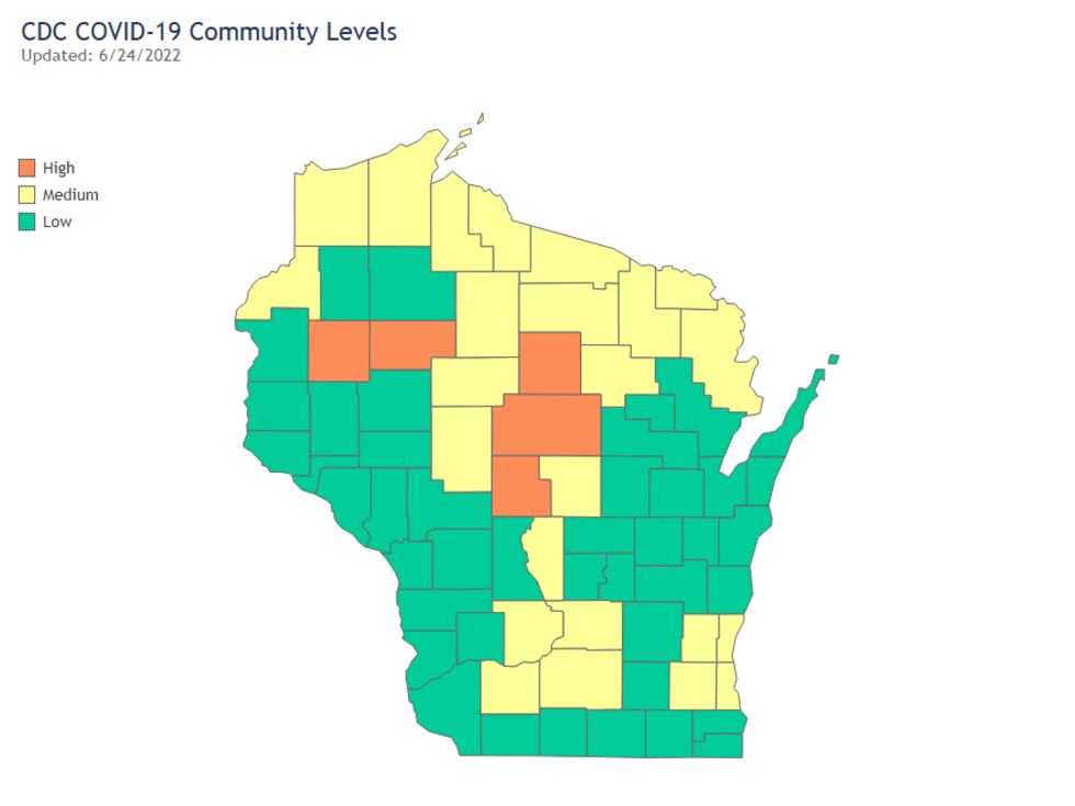 COVID-19 community levels in Wisconsin for the week of June 24.