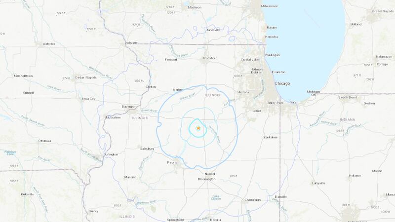 USGS Shakemap showing the extent of an earthquake in northern Illinois, on Nov. 15, 2023.
