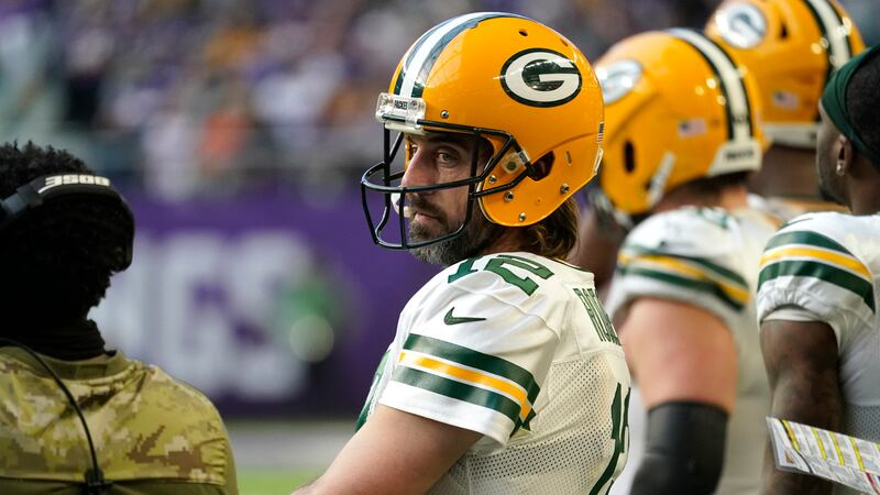 Green Bay Packers quarterback Aaron Rodgers (12) stands on the sideline during the second half...