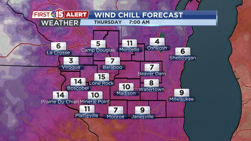 Wind chills likely in the teens and single-digits Thursday morning.