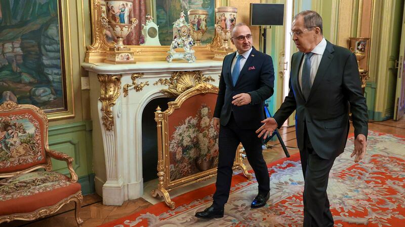 In this photo provided by the Russian Foreign Ministry Press Service, Russia's Foreign...