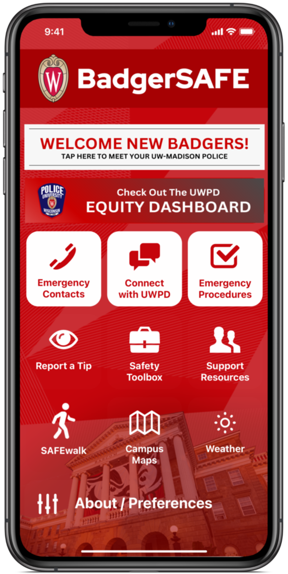A screenshot of the BadgerSafe homepage showing the layout and app features.