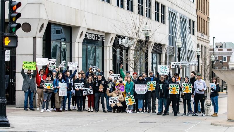 Starbucks workers from the Capitol Square location in Madison observed the National Labor...
