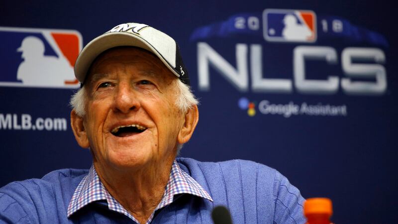 Milwaukee Brewers sportscaster Bob Uecker speaks at a news conference Friday, Oct. 12, 2018,...