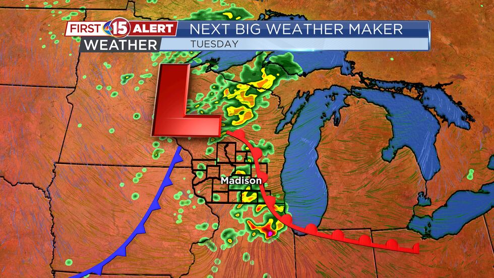 Our next big weather maker will bring in scattered showers and storms on Tuesday.