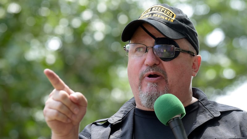 FILE - Stewart Rhodes, founder of the citizen militia group known as the Oath Keepers speaks...
