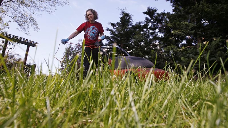Jane Witmer pulls the electric cord for her mower along behind her as she mows her lawn...