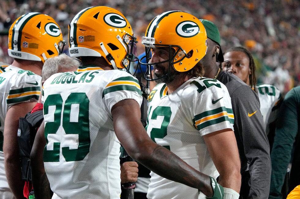 Green Bay Packers cornerback Rasul Douglas (29) celebrates his interception in the end zone...