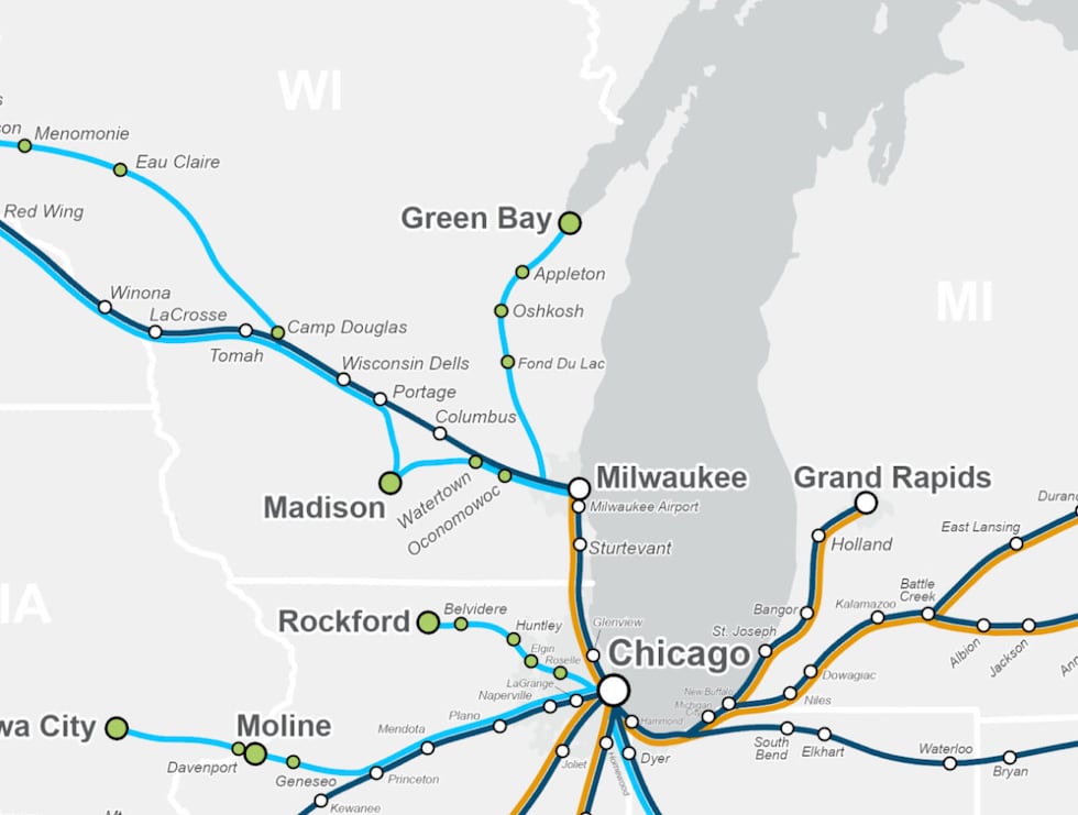 Regional map of proposed Amtrak routes