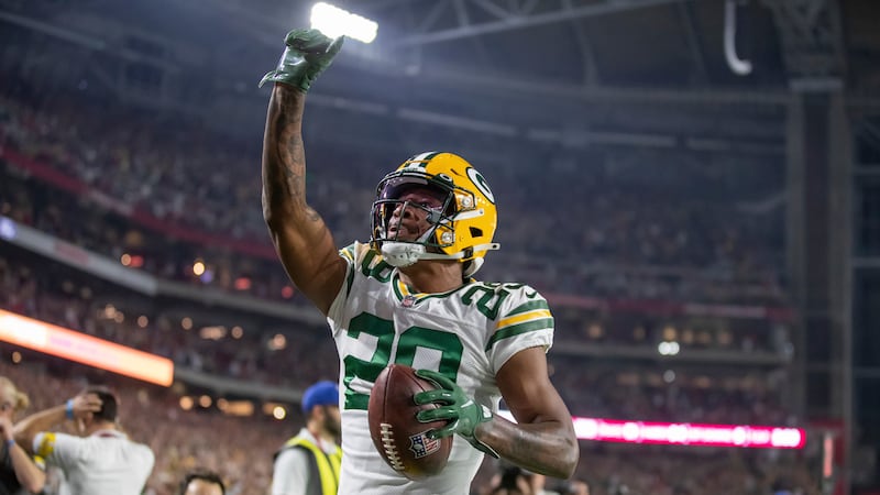 Cornerback (29) Rasul Douglas of the Green Bay Packers intercepts a pass near the end of the...