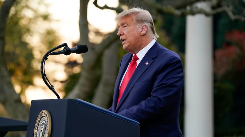 President Donald Trump speaks in the Rose Garden of the White House, Friday, Nov. 13, 2020, in...