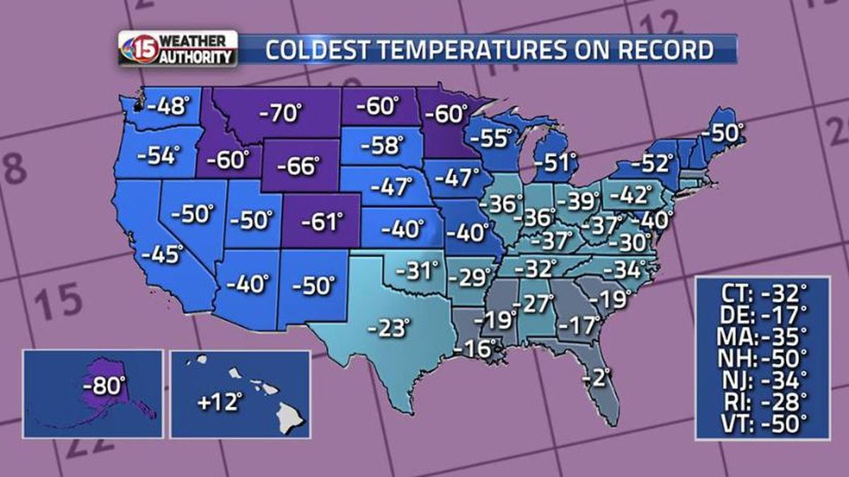 The coldest temperatures ever recorded in all 50 states